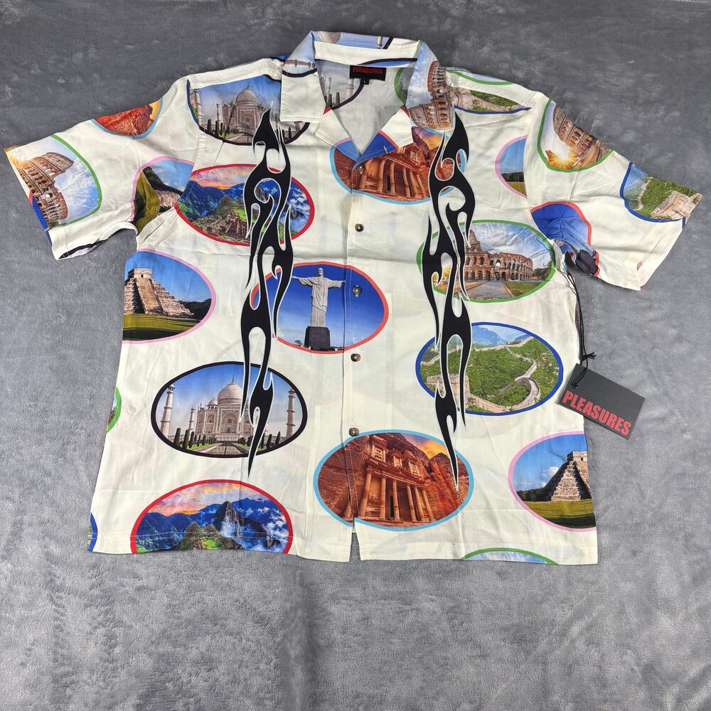 Pleasures 7 Wonder Camp Button Down Shirt in White Mens Sz‎ L NWT